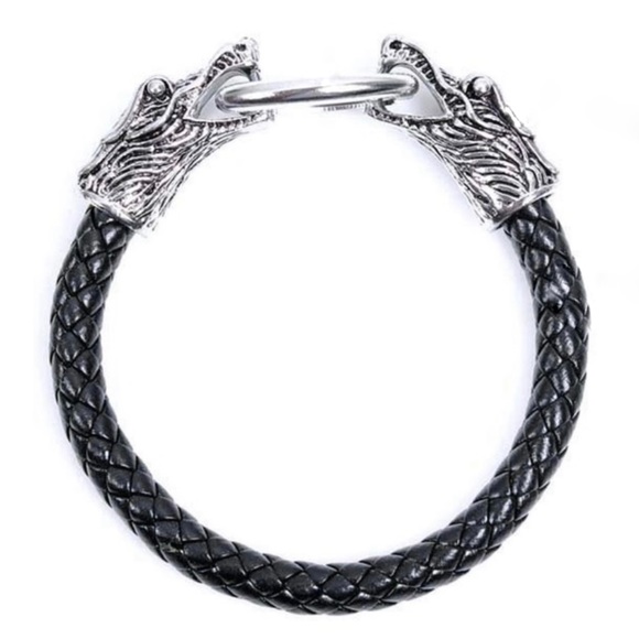 Double Python Silver Ring In Mouth Steel Black Braided Bracelet! - Picture 5 of 5